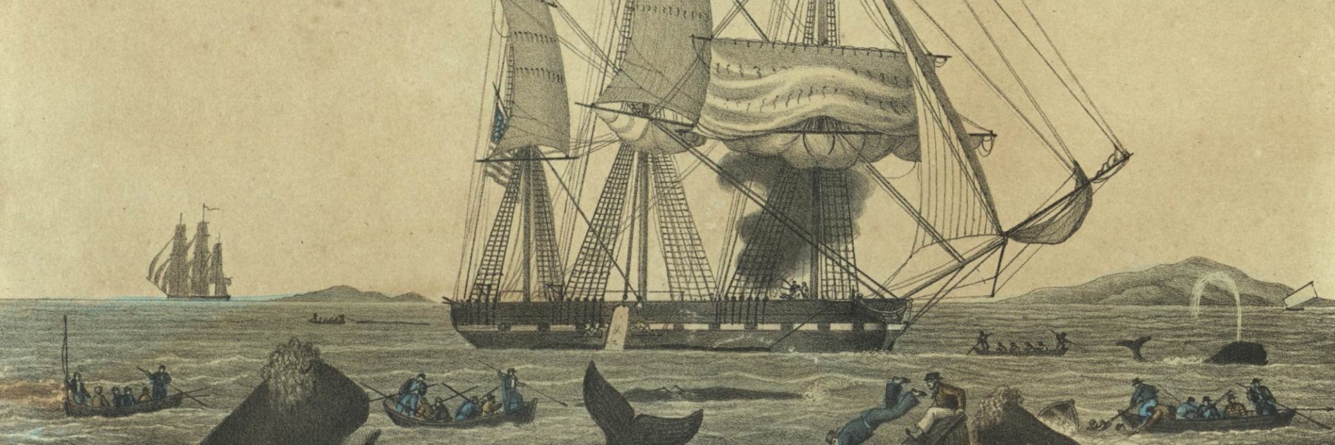 a lithographic print of a whale ship and whaleboats attempting to capture whales - some are being destroyed by the whales